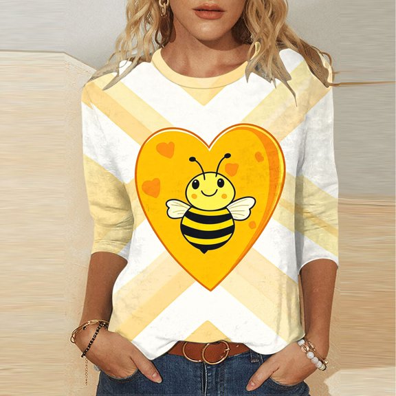 SOOMLON Womens 3/4 Sleeve T Shirts Plus Size Tunic Bee Festival Tops Casual Round Neck Shirts Cute Honey Bee Print T Shirts 2025 Trendy Spring Summer Ladies Tops Loose Fit Outfits Pullover Yellow S