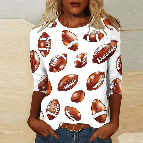 SOOMLON Womens 3/4 Sleeve T Shirts Plus Size Tunic Cotton Game Day Tops Casual Crew Neck Shirts Cute Football Mom Print T Shirts 2025 Trendy Spring Summer Ladies Tops Loose Fit Outfits Pullover L