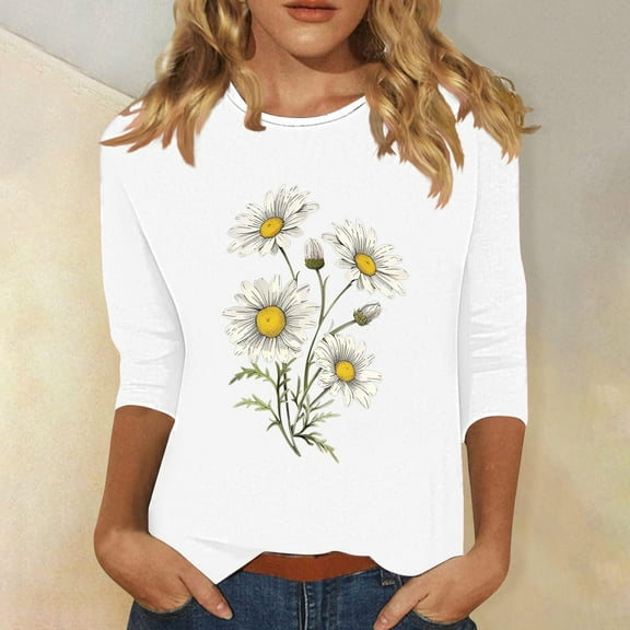 SOOMLON Womens 3/4 Sleeve T Shirts Plus Size Tunic Cotton Tops Casual Crew Neck Shirts Funny Floral Print T Shirts 2025 Trendy Spring Summer Ladies Tops Loose Fit Y2k Basic Outfits Pullover White L