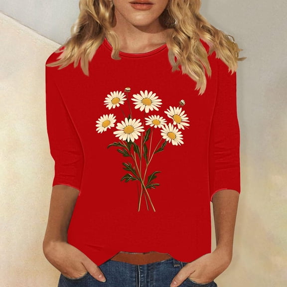 SOOMLON Womens 3/4 Sleeve Tops Plus Size Tunic Cotton Tops Dressy Casual Crewneck Shirts Cute Daisy Graphic T Shirts 2025 Fashion Spring Summer Ladies Tops Loose Fit Y2k Basic Outfits Pullover Red XL