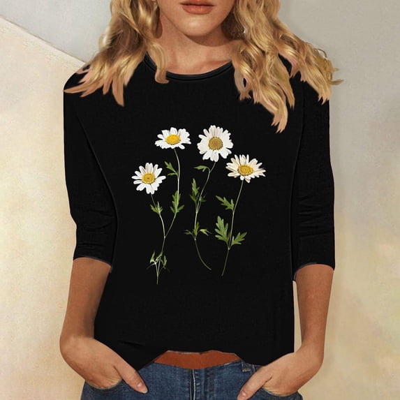 SOOMLON Womens 3/4 Sleeve Tops Plus Size Tunic Cotton Tops Dressy Casual Crewneck Shirts Cute Daisy Graphic T Shirts 2025 Fashion Spring Summer Ladies Tops Loose Fit Basic Outfits Pullover Black XL