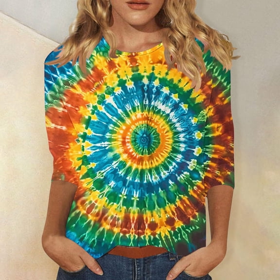 SOOMLON Womens 3/4 Sleeve Tops Plus Size Tunic Cotton Tops Dressy Casual Crewneck Shirts Cute Tie Dye Graphic T Shirts 2025 Fashion Spring Summer Ladies Tops Loose Fit Y2k Basic Outfits Pullover XL