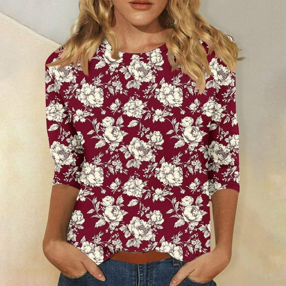 SOOMLON Womens 3/4 Sleeve Tops Plus Size Tunic Cotton Tops Dressy Casual Crewneck Shirts Funny Floral Graphic T Shirts 2025 Fashion Spring Summer Ladies Tops Loose Fit Boho Basic Outfits Pullover S
