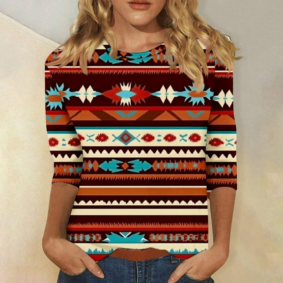 SOOMLON Womens 3/4 Sleeve Tops Plus Size Tunic Cotton Vintage Tops Dressy Casual Crewneck Shirts Funny Ethnic Graphic T Shirts 2025 Fashion Spring Summer Ladies Tops Loose Fit Outfits Pullover M