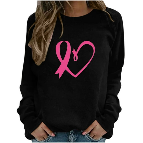 SOOMLON Womens Breast Cancer Tee Shirts Pink Women's T-Shirt October Breast Cancer Awareness Month Family Friend Support Wear Pink Ribbon Long Sleeve Round Neck Trendy Tops L