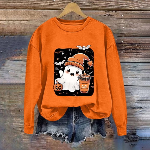 SOOMLON Womens Halloween Shirts Long Sleeve Halloween Witch T-Shirt Broom Witch Top Ghost Print Shirts Spider Web Graphic T-shirt Breakfast Letter Print Tops Orange M