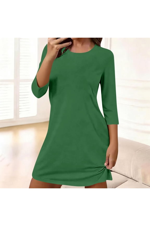 Womens Nightgowns Short Plus Size Crew Neck 3/4 Sleeve Sleepdress Solid Tunic Sleepshirt Soft Loungewear Set