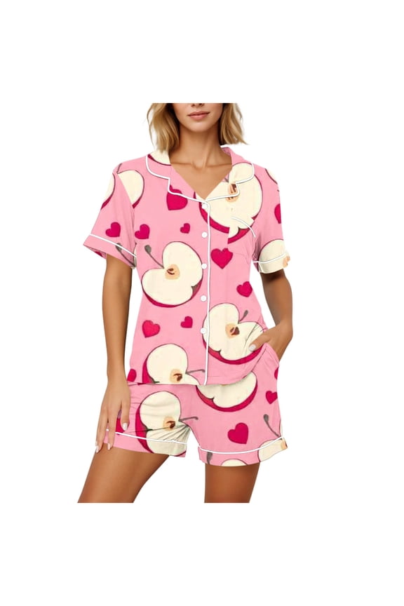 Womens Pajamas Shorts 2 Piece Button down Sleepwear Collar Short Sleeve Top with Pockets Apple Print Loungewear