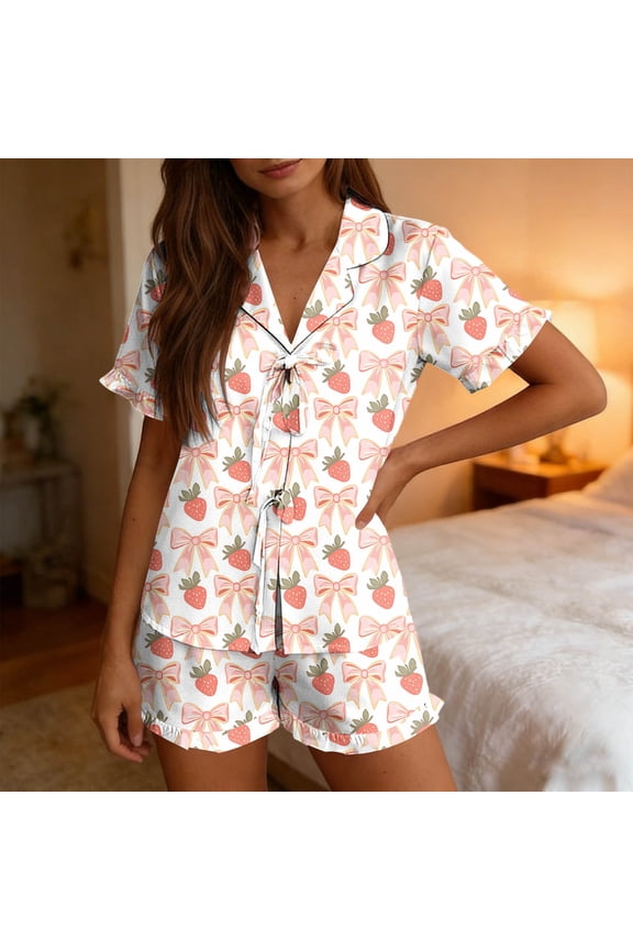 Womens Pajamas Shorts 2 Piece Plus Size PJS Front Tie Notch Collar Short Sleeve Tops Ruffle Bow Print Nightwear
