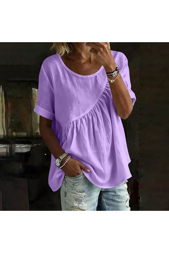 Womens Ruffle Top Short Sleeve Plus Size Bishop Scoop Neck T Shirts Smocked Solid Tees Summer Linen Pullover