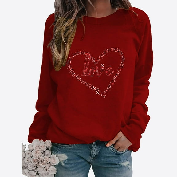 SOOMLON Womens Valentines Day Blouses Couple Valentines Gift Loose Long Sleeve Crewneck T Shirts Cute Heart Print Tees Trendy Valentines Outfits 2025 Wine 2XL