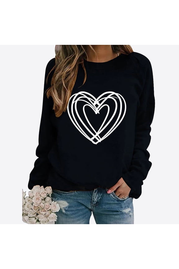 Womens Valentines Day Blouses Girl Friend Valentines Gift Casual Long Sleeve Scoop Neck Tops Cute Heart Print Tops Trendy Festival Clothes 2025 Black XL