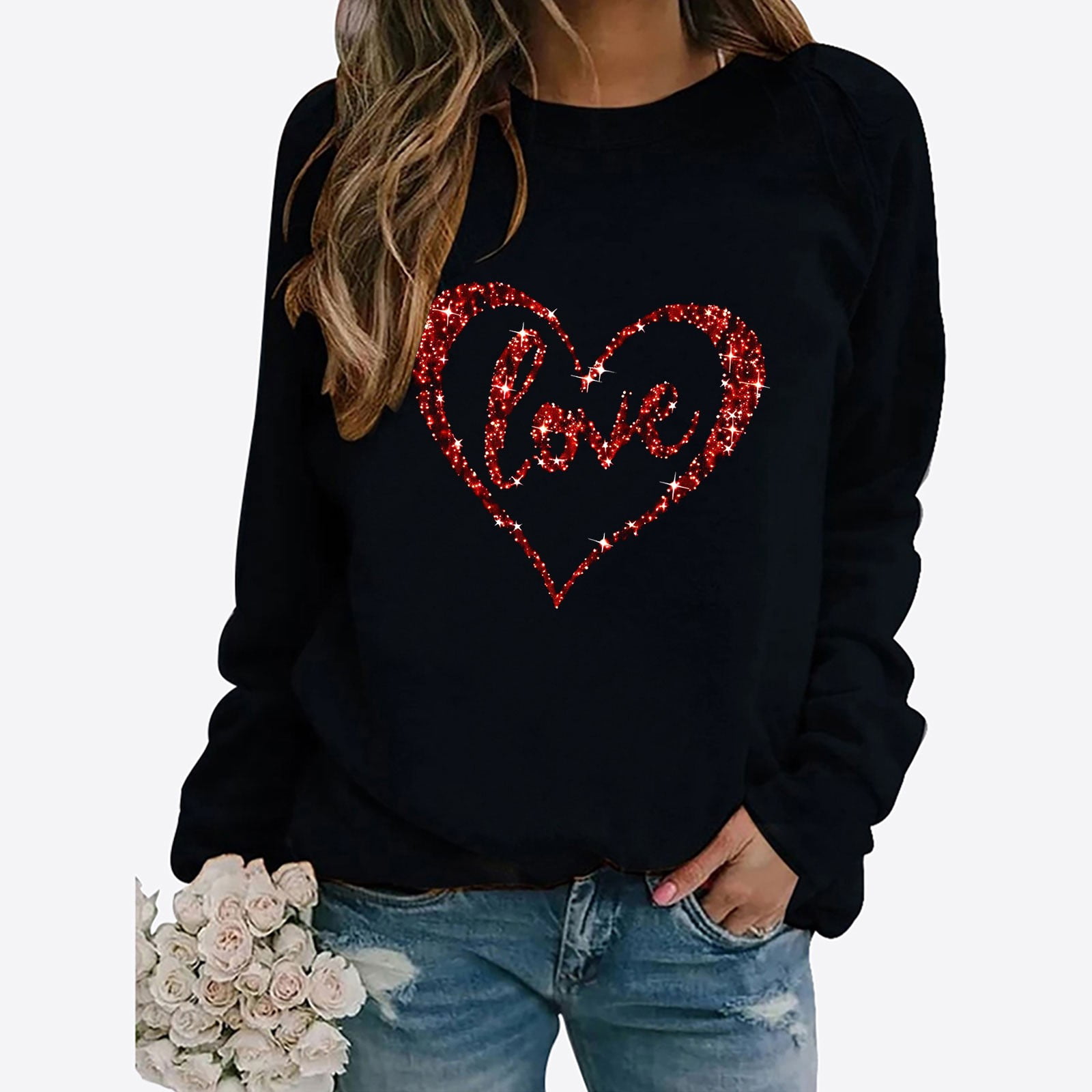 Valentine's Day Heart Print Casual Washed Denim Cotton Top main image 1