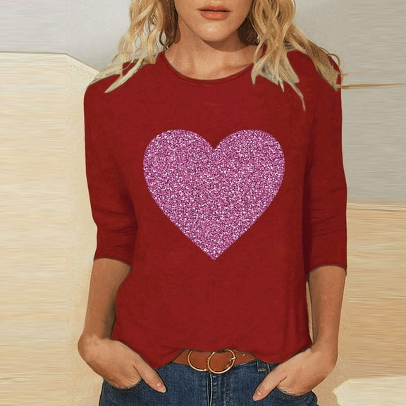 SOOMLON Womens Valentines Day Shirts Lover Valentines Gift Comfy 3/4 Sleeve Crewneck Shirts Funny Heart Graphic Tee Shirts Fashion Holiday Outfits 2025 Red 2XL