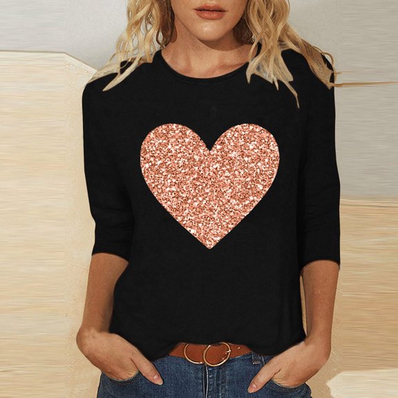 SOOMLON Womens Valentines Day Shirts Lover Valentines Gift Comfy 3/4 Sleeve Round Neck Shirts Funny Heart Graphic Blouses Fashion Holiday Clothes 2025 Black S