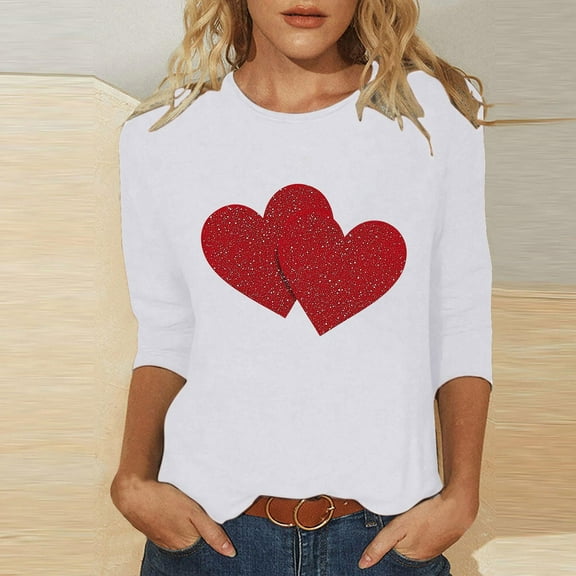 SOOMLON Womens Valentines Day Tops Couple Valentines Gift Tunic 3/4 Sleeve Scoop Neck T Shirts Funny Heart Print Tees Fashion Valentines Clothes 2025 White XL