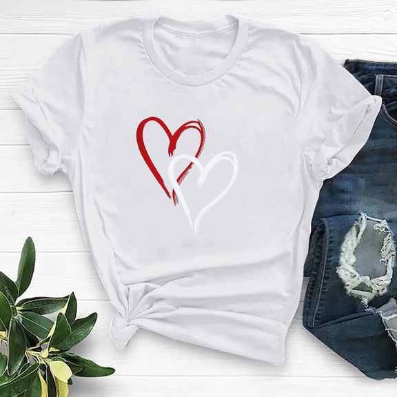 SOOMLON Womens Valentines Day Tops Girl Friend Valentines Gift Comfy Short Sleeve Crew Neck T Shirts Funny Heart Graphic Tee Shirts Fashion Festival Clothes 2025 White M