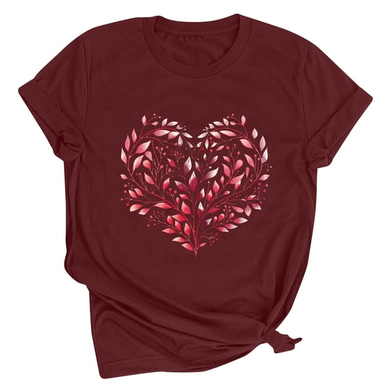 SOOMLON Womens Valentines Day Tops Lover Valentines Gift Casual Short Sleeve Crew Neck T Shirts Cute Love Heart Print Blouses Trendy Holiday Outfits 2025 Wine L