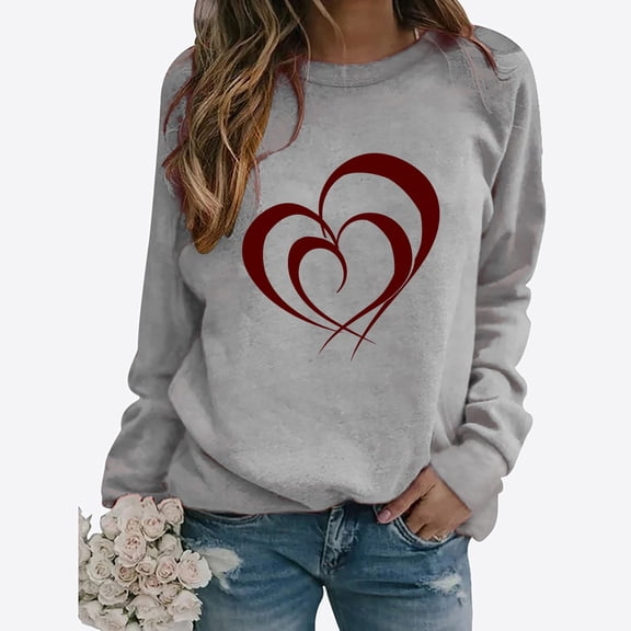 SOOMLON Womens Valentines Day Tops Lover Valentines Gift Loose Long Sleeve Scoop Neck Shirts Cute Love Heart Print Tops Trendy Holiday Clothes 2025 Gray XL