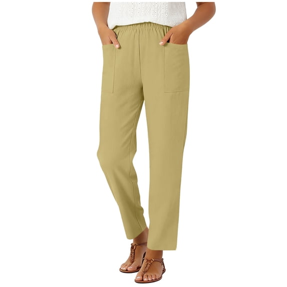 SOOMLON Work Pants for Women Plus Size Slim Leg Long Pants Pleated Elastic Waist Trousers with Pockets Vacation Clothes