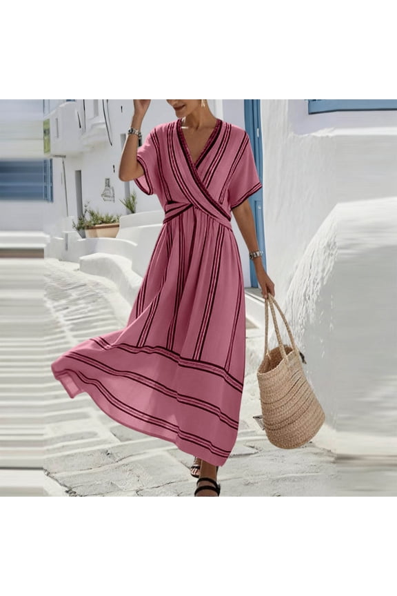 Wrap Dresses for Women Plus Size V Neck Short Sleeve Long Dress Swing Empire Waist Striped Dress Vacation Dresses