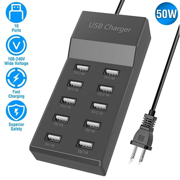 SOONHUA 10-Ports USB Charging Station for Multiple USB Charging Station, 10 Port Hub Multiport Devices Fast Charger for Smart Phone Tablet Laptop Computer, Black