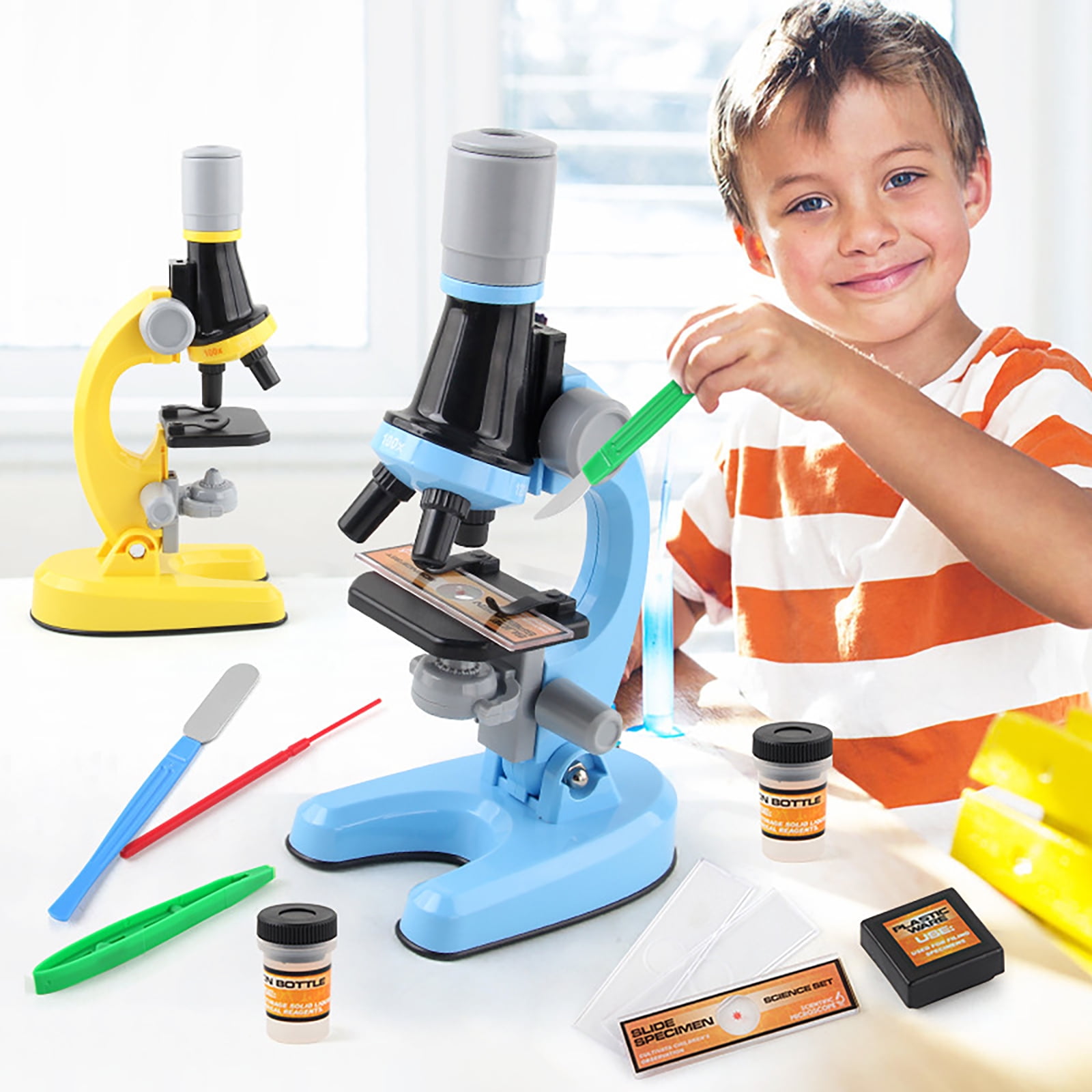 SOONHUA 100X1200X Kids Beginner Microscope STEM Kit with Metal Body Microscope, Plastic Slides