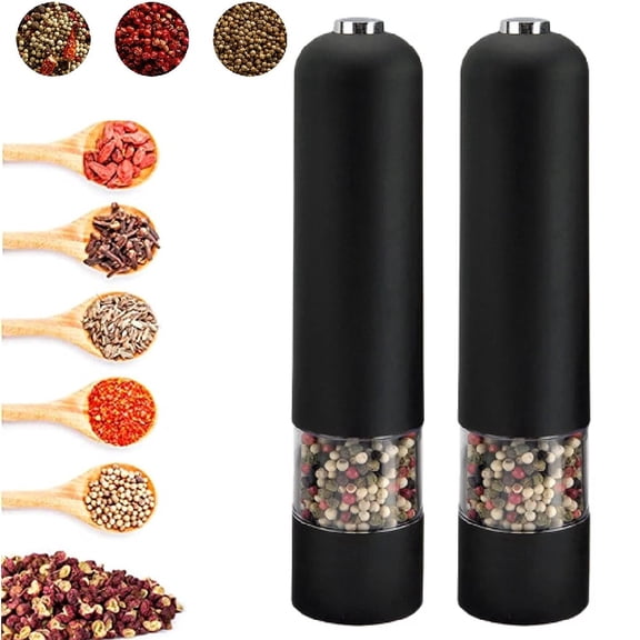 SOONHUA 2 pcs Electric Salt and Pepper Grinder Set - Battery Operated Stainless Steel Mill with Light - Automatic One Handed Operation - Electronic Adjustable Shakers - Ceramic Grinders, Black