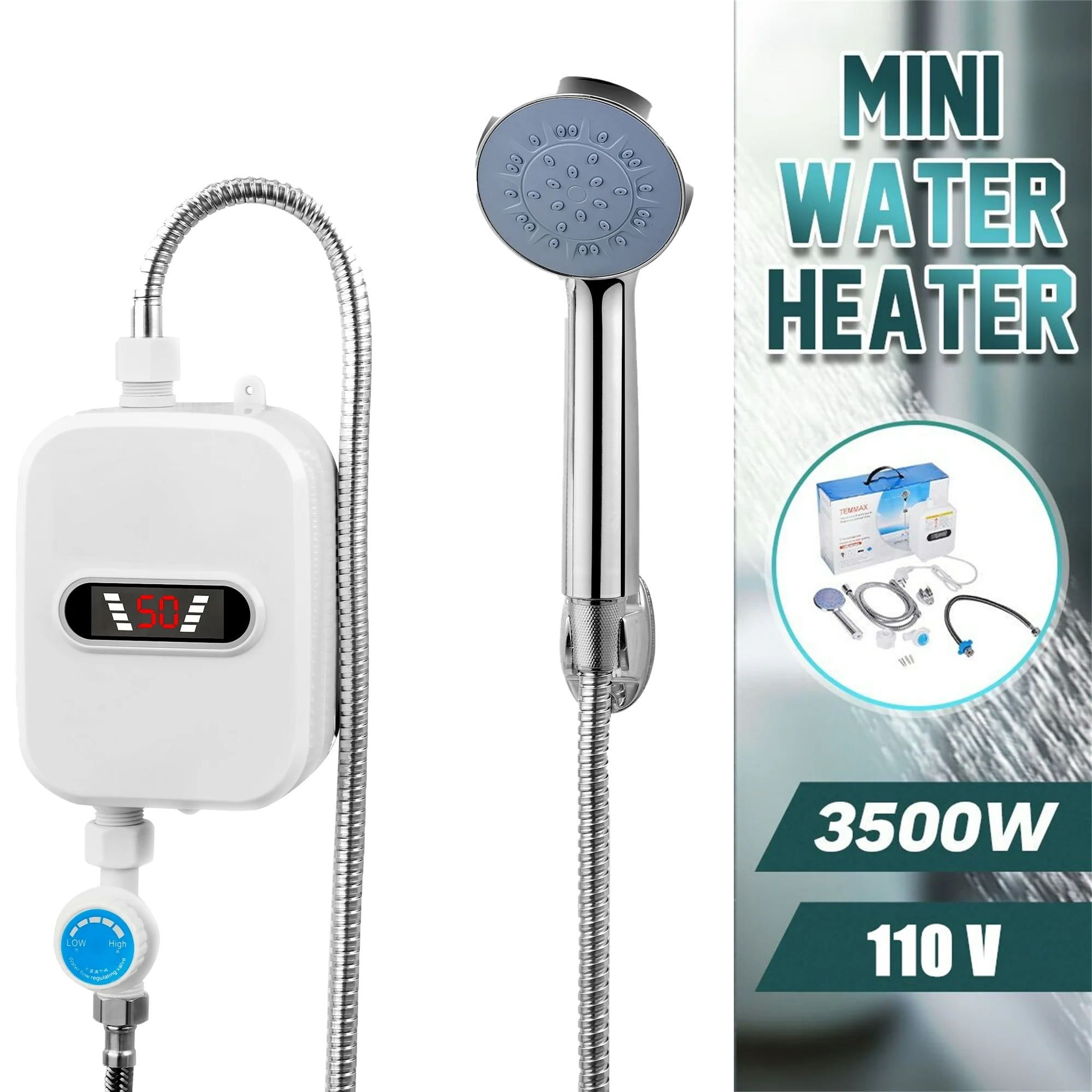 SOONHUA 3500W 110V Electric Tankless Instant Water Heater with Shower Head Set for Kitchen Bathroom