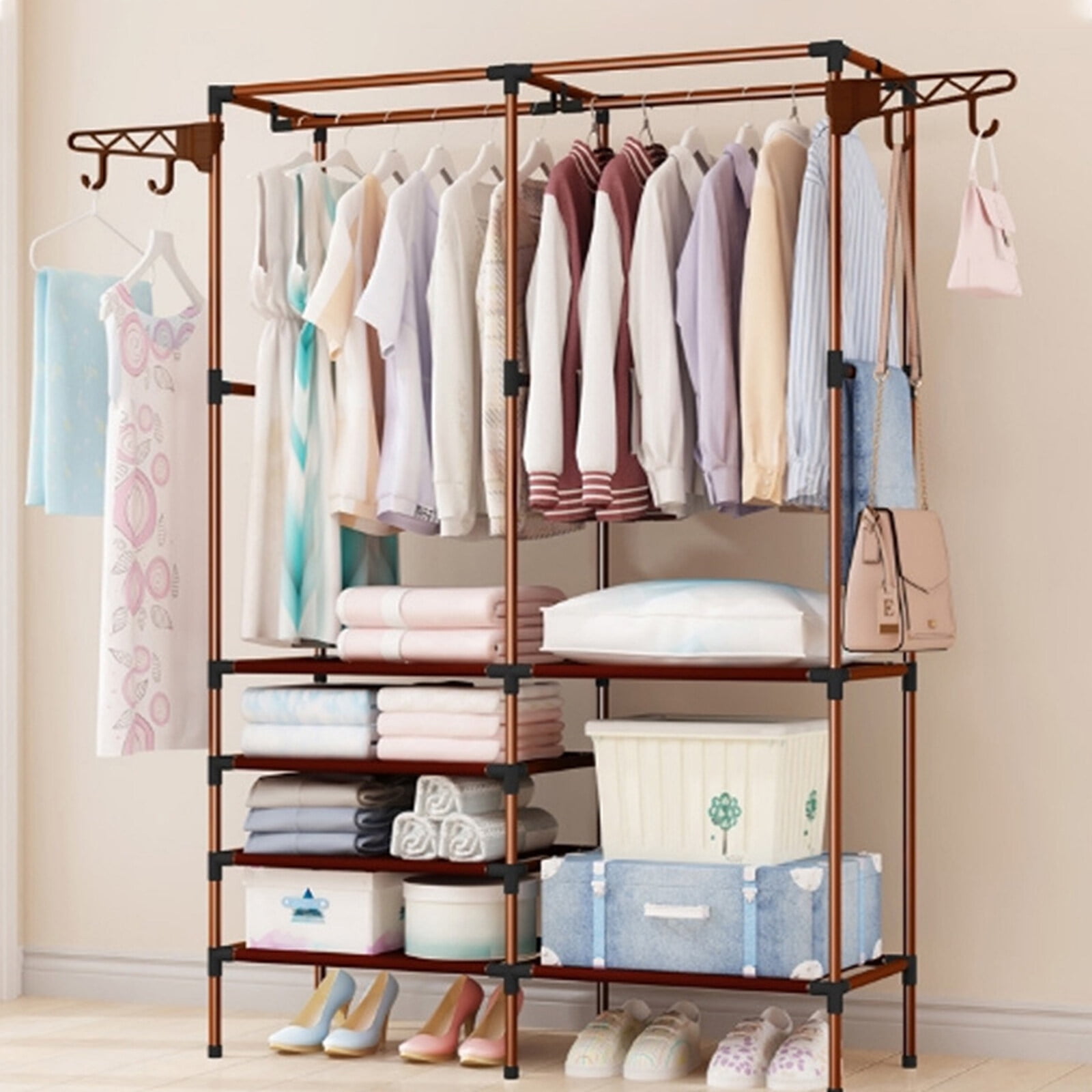 SOONHUA Heavy Duty Garment Rack Free Standing Wardrobe Closet with 2 ...