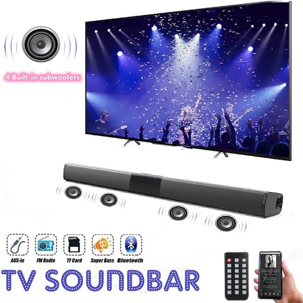 SOONHUA Sound Bar, 22 inch 20W Bluetooth TV Speaker with Remote & 4 Built-in Subwoofers, TF Play, FM Radio, Rechargeable, Wireless Soundbar for TV Home Theater & Audio, Black