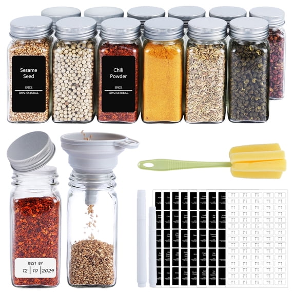 SOONTRANS 12Pcs Glass Spice Jars with Labels, Glass Jars with Lids, Kitchen Spice Storage Jar, Collapsible Funnel, Seasoning Storage Bottles for Spice Rack, Cabinet, Drawer