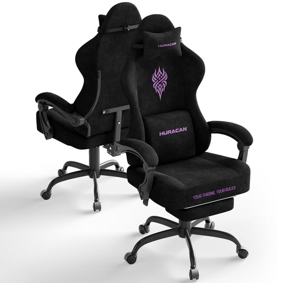 SOONTRANS Black Gaming Chair for Adult, Velvet Fabric Ergonomic Comfortable Video Gamer Chair with Footrest, Reclining Office Computer Desk Game Chairs with Massage Lumbar Cushion, Headrest