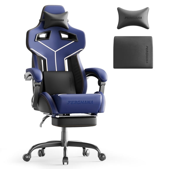 SOONTRANS Blue Gaming Chair with Footrest, Ergonomic Computer Chair with Adjustable Height, Leather Office Chair with Massage Lumbar Support, Video Game Gamer Chair for Adults
