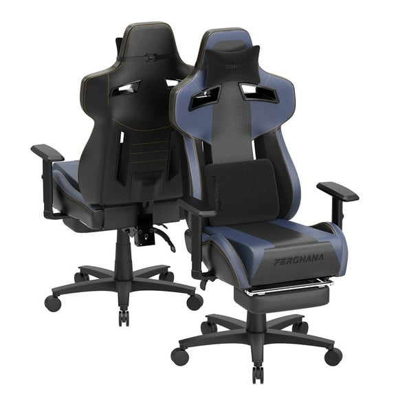 SOONTRANS Blue Gaming Chair with Footrest, Ergonomic Gaming Chairs for Adults, Height Adjustable Gamer Chair with Massage Lumbar, Comfortable Leather Computer Chair