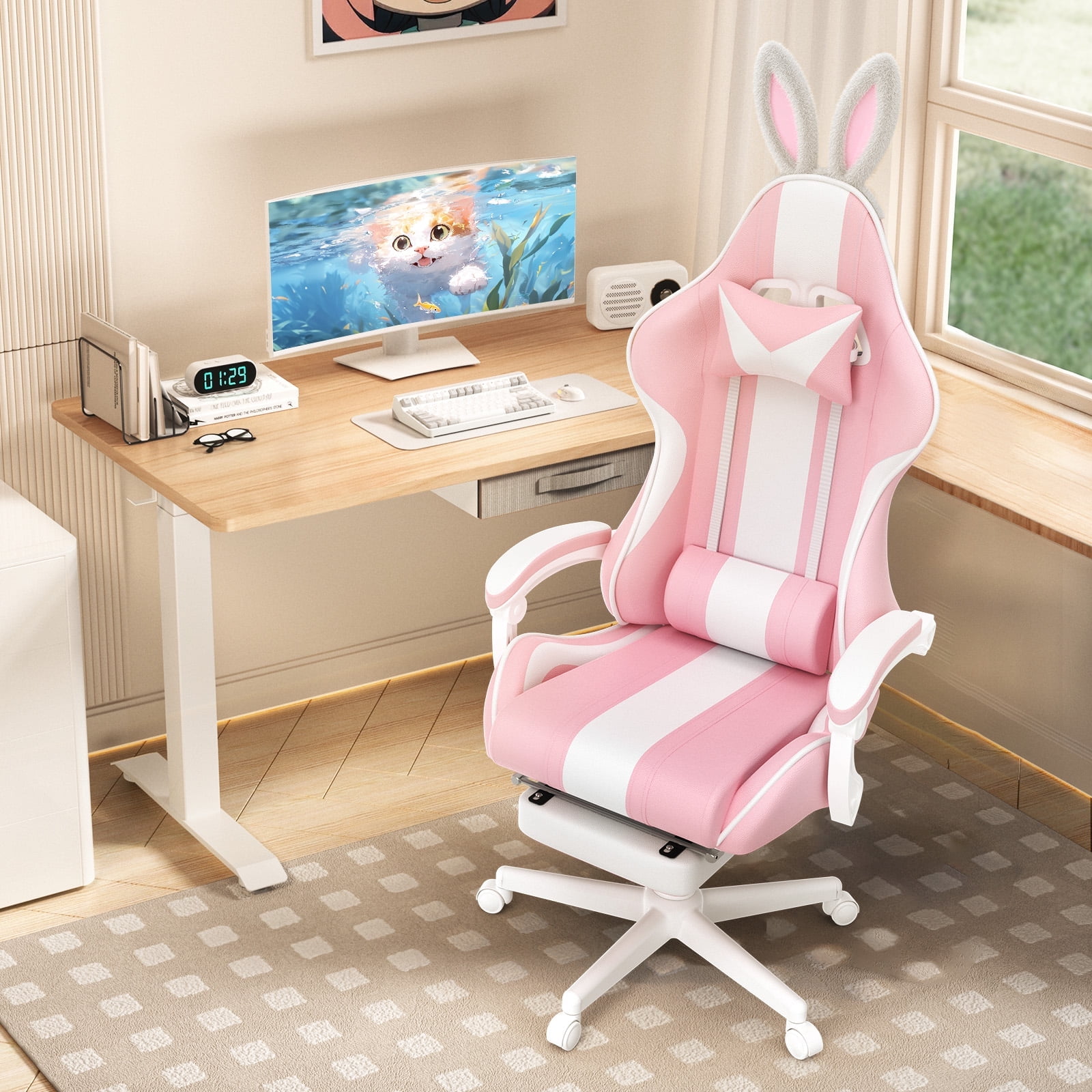 SOONTRANS Pink Gaming Chair, Girl High Back Gamer Chair with Footrest for Adult , Reclining Adjustable Game Office Chairs Massage Pillows