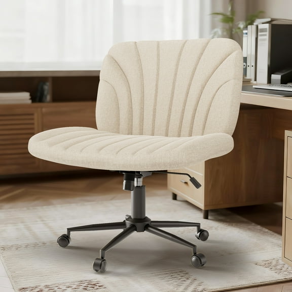SOONTRANS Criss Cross Chair with Rolling Wheels, Ergonomic Office Chair, Cross Legged Swivel Chairs for Adult with Thick Cushion, Oversized Wide Seat Desk Chair for Home Vanity Apartment, Beige