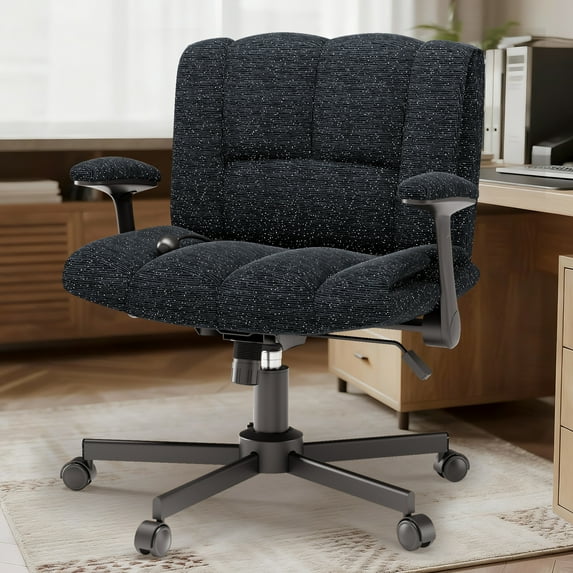 SOONTRANS Criss Cross Chair with Wheels and Arms, Ergonomic Cross Legged Adjustable Swivel Chairs with Thick Cushion, Oversized Wide Seat Office Desk Comfy Chair for Home Office Vanity, Black