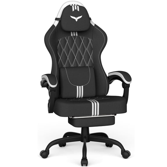 SOONTRANS Ergonomic Gaming Chair with Footrest, Adult Office Chair with Pocket Spring Cushion, Comfortable Gamer Game with Massage Lumbar Cushion Linen Fabric, Reclining Computer Chair, Black & White