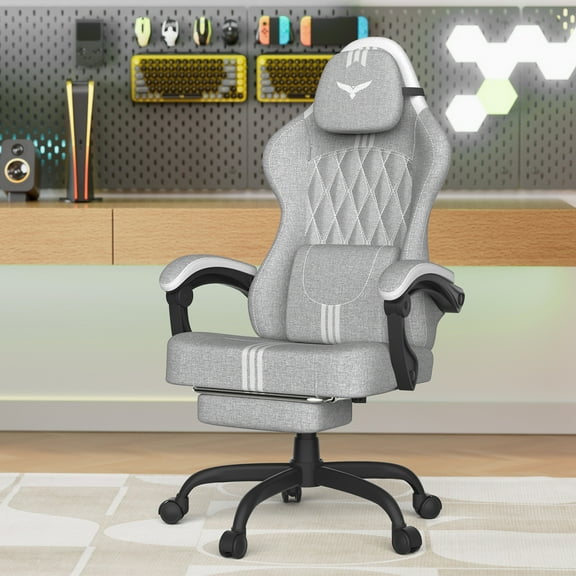 SOONTRANS Ergonomic Gaming Chair with Footrest, Adult Office Chair with Pocket Spring Cushion, Comfortable Gamer Game with Massage Lumbar Cushion Linen Fabric, Reclining Computer Chair, Grey & White