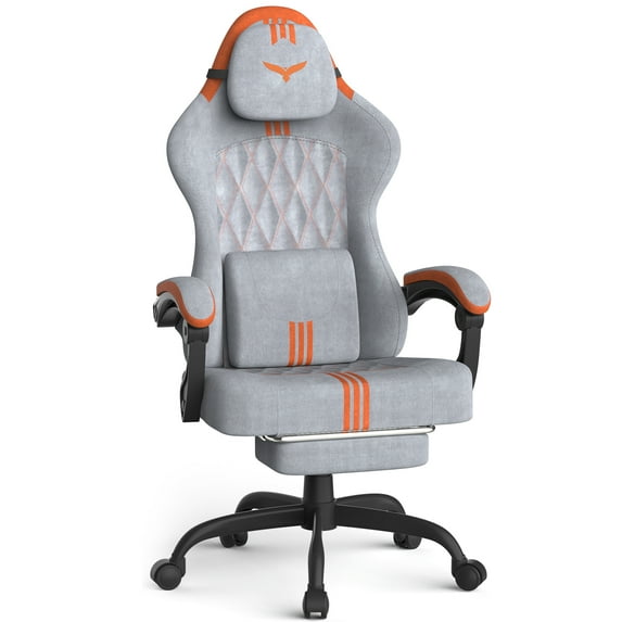 SOONTRANS Ergonomic Gaming Chair with Footrest, Adult Office Chair with Pocket Spring Cushion, Gamer Game with Massage Lumbar Cushion Linen Fabric, Reclining Computer Chair, Grey & Orange
