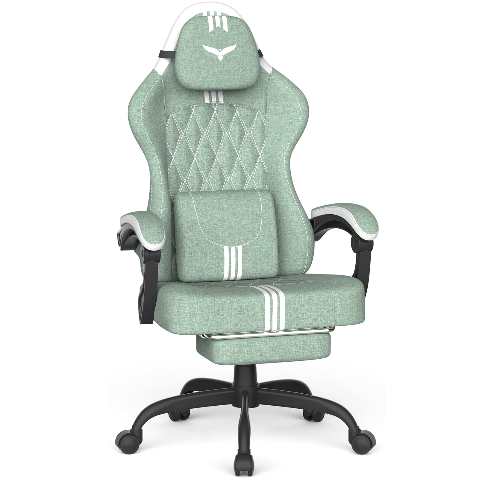 SOONTRANS Ergonomic Gaming Chair with Footrest, Adult Office Chair with Pocket Spring Cushion, Gamer Game with Massage Lumbar Cushion Linen Fabric, Reclining Computer Chair, Green & White