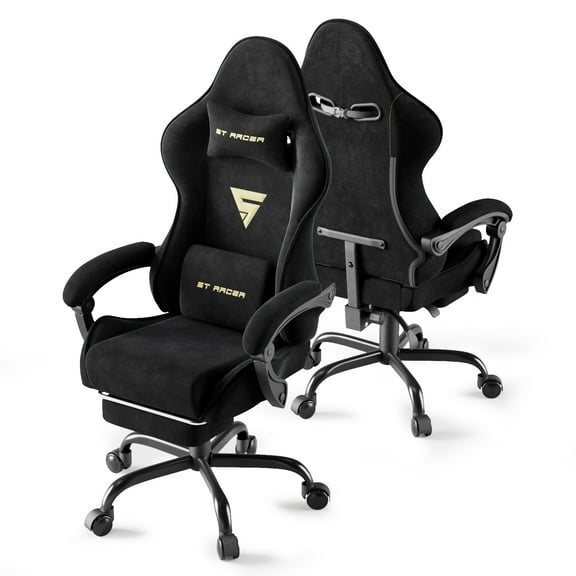 SOONTRANS Gaming Chair for Adults, Velvet Fabric High Back Gamer Game Chair with Footrest, Ergonomic Comfortable Computer Office Chair with Massage Lumbar Cushion, Reclining Leather Desk Chair, Black
