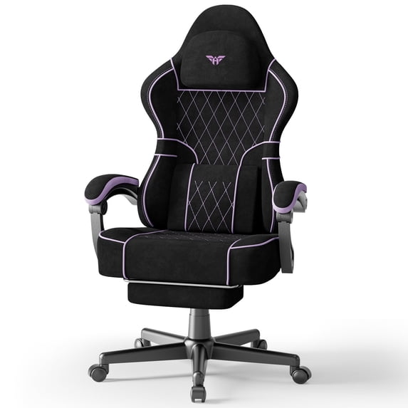 SOONTRANS Gaming Chair for Adults, Velvet Fabric High Back Comfortable Video Game Chair with Footrest and Massage Lumbar Cushion, Racing Computer Desk Chair, Ergonomic Gamer Chair, Black+Purple