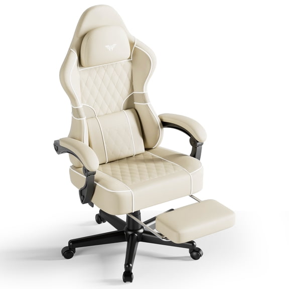 SOONTRANS Gaming Chair for Adults, Ergonomic Gamer Chair with Footrest and Massage Lumbar Cushion, High Back Swivel Comfortable Video Game Chair, Adjustable Height Computer Office Chair, Beige