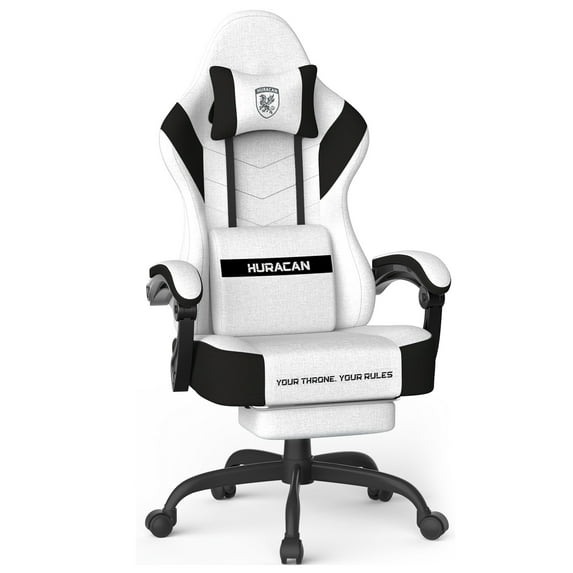 SOONTRANS Gaming Chair for Adults, Ergonomic Linen Fabric Computer Chair with Massage Lumbar Pillow, Gamer Game Chair with Adjustable Headrest, Comfortable Office Chair for Home, White