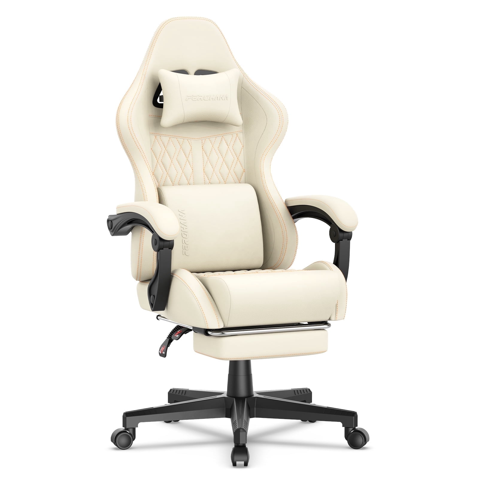 SOONTRANS Gaming Chair with Footrest, Computer Game Chair with Massage Lumbar Support & Headrest, High Back Vintage Office Game Chair for Adults, Beige