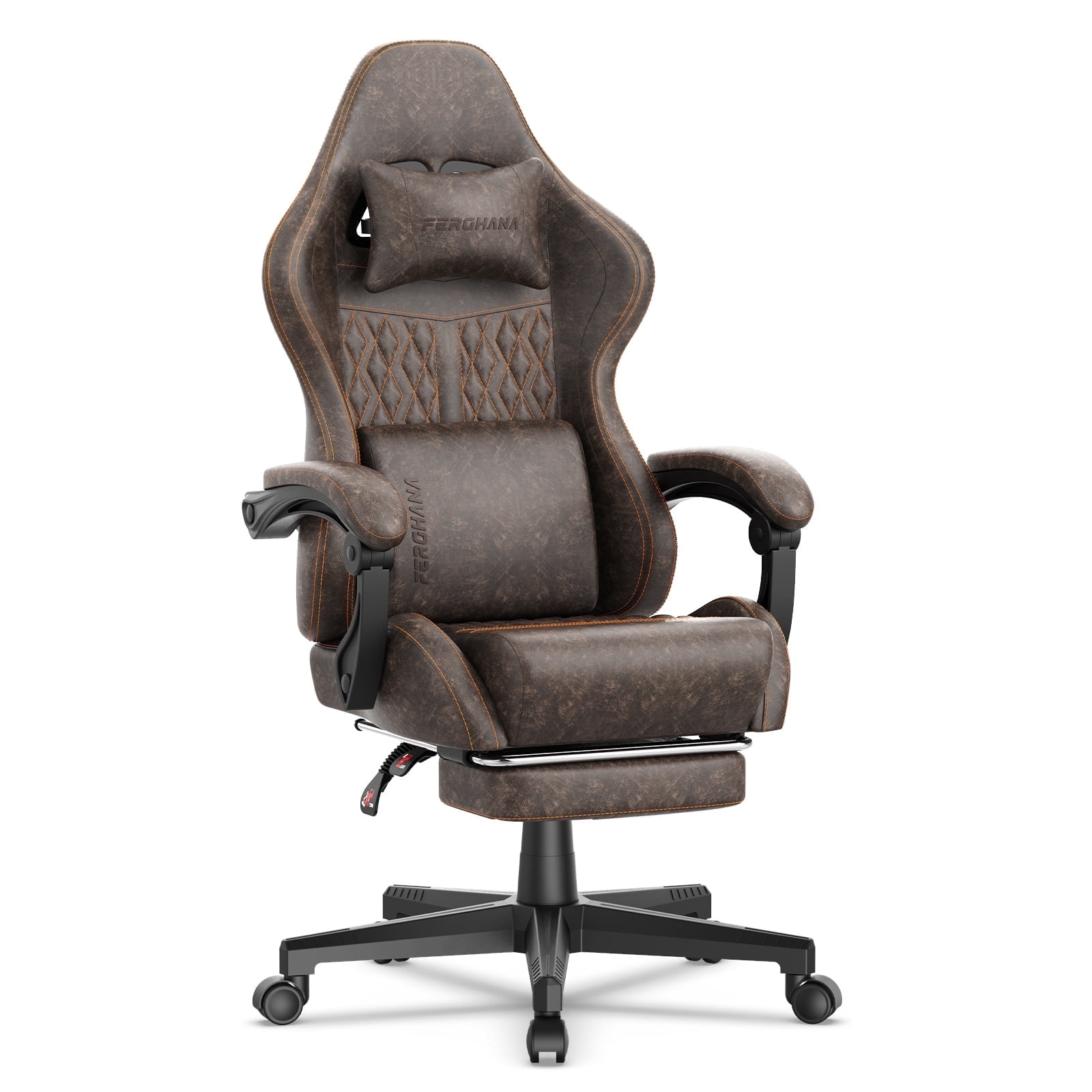 SOONTRANS Gaming Chair with Footrest, Computer Game Chair with Massage Lumbar Support & Headrest, High Back Vintage Office Game Chair for Adults, Brown