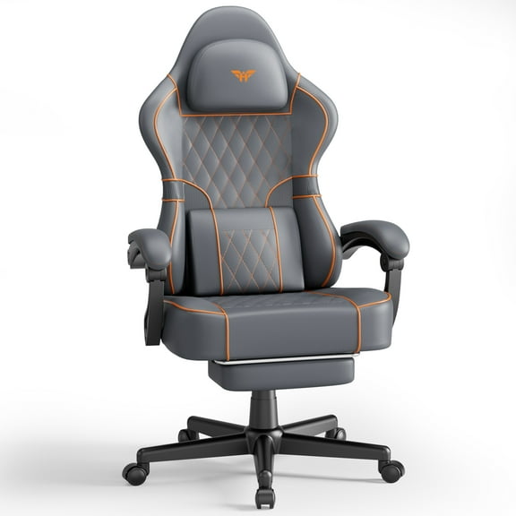 SOONTRANS Gaming Chair with Footrest, PU Leather High Back Comfortable Video Game Chair with Footrest Massage Lumbar Cushion, Racing Office Computer Desk Chair, Ergonomic Gamer Chair for Adult, Grey