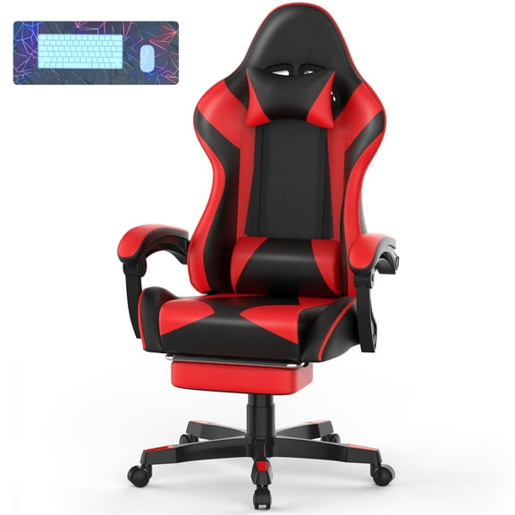 SOONTRANS Gaming Chair, High Back PU Leather Gamer Chair Game with Massage & Footrest, Reclining Ergonomic Computer Office Chair for Adults, Racing Style Video Game Chair, Red